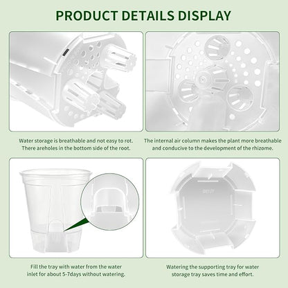 Cdd's Path Self Watering Pots Set with Deep Water Tank, Large Drainage Holes, Reservoir & Air Pipes, 5/6/7/8 Inch Naked Root Planter for Indoor Outdoor Plants, Flowers, Seedlings, Clear, 4 Pack