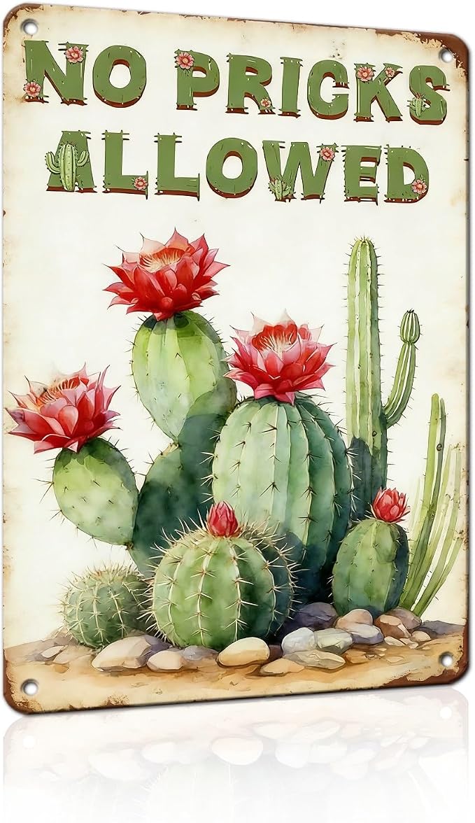 PEACHGARDEN Cactus Deocr Garden Signs No Pricks Allowed Southwestern Metal Tin Sign Cactus Wall Art Decor for Outdoor Garden Yard Greenhouse 8x12 inch