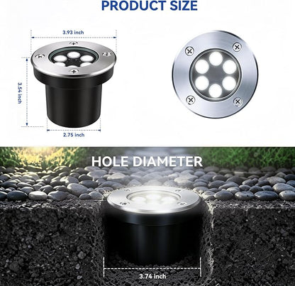 JESLED Outdoor Landscape Lights, Low Voltage In Ground Well Lights, 6 Pack | 6000K Warm White, 6W LED, 12V/24V, IP67 Waterproof, 5-Ton Pressure Resistant & 90° Beam for Driveway Decks Step Garden