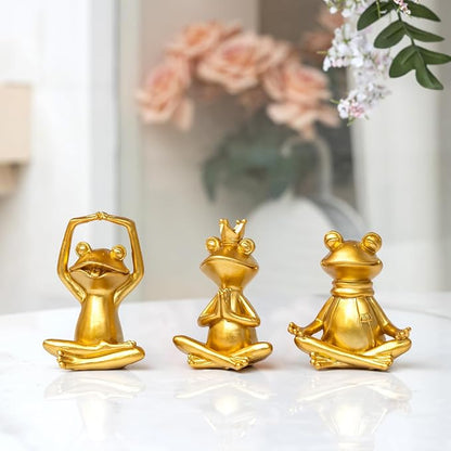 Gold Yoga Frog Figurines Set of 3 - Meditating Resin Zen Statues & Sculptures for Home, Office Desk, Shelf Decor - Cute Frog Lover Gifts for Women, Yoga Enthusiasts