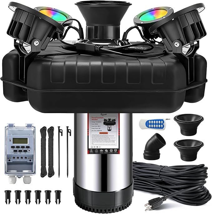 Pond Fountain Aerator, with 4RGB Lights 1HP 110V 750W 15000 GPH Stainless Steel Aerating Fountain Pump, 100 FT Power Cord, Timer, 2 x 100 FT Traction Rope, Powerful Lake Pond Aerator for Larger Ponds