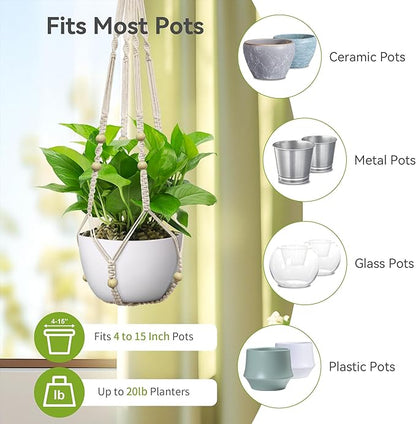 USLAI Macrame Plant Hanger Indoor Outdoor, Fits 4 to 15 Inch Pots, Strong Hanging Planter Holder, Boho Home Decor, 23+29+35 Inch, Ivory (POTS NOT Included)