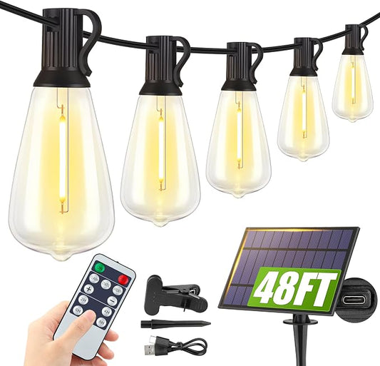 Larkvue 48FT Solar String Lights Outdoor with Remote, Waterproof Dimmable Patio Lights with 15+1 LED ST38 Bulbs 3 Modes Hanging Lighting for Backyard