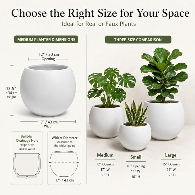 13.5" H x 17" Dia White Fiberstone Planter Pot with Drainage Hole, Large Round Indoor Outdoor Flower Pot for Artificial Olive Trees, Large Plants, Decorative Planter for Patio, Porch & Garden