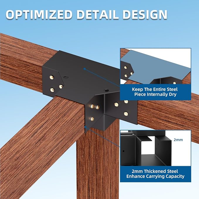 4-Way Pergola Brackets Kit (2-Pack), Heavy Duty 4x4 Corner Brackets for Outdoor Wood Posts, Easy Install for DIY Gazebo Patio Log Cabin & Outdoor Structures