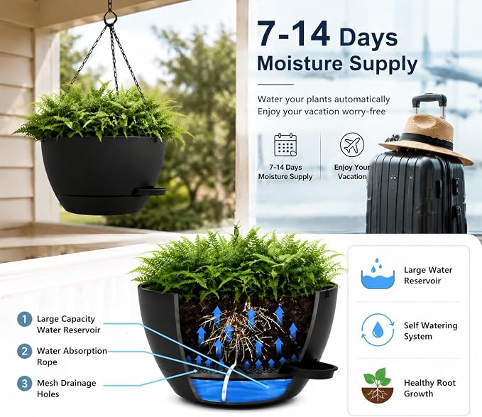 12" Self Watering Hanging Planters with Chains, Black, 2 Pack | 43 Oz removable self-watering reservoir, for indoor/outdoor plants, patio & garden