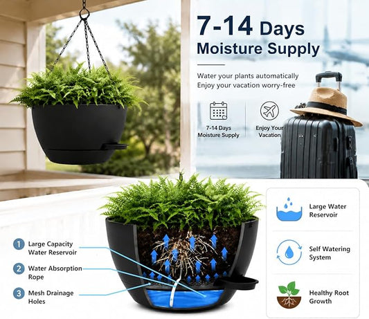 12" Self Watering Hanging Planters with Chains, Black, 2 Pack | 43 Oz removable self-watering reservoir, for indoor/outdoor plants, patio & garden