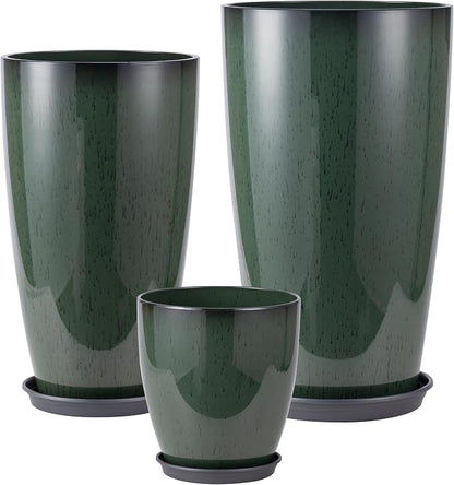 24-21-11 Inch Tall Planters Set of 3, Indoor Outdoor Green Glossy Round Planter with Drainage Hole and Saucer, Large Decorative Plant Pots for Home Garden Porch (Green)