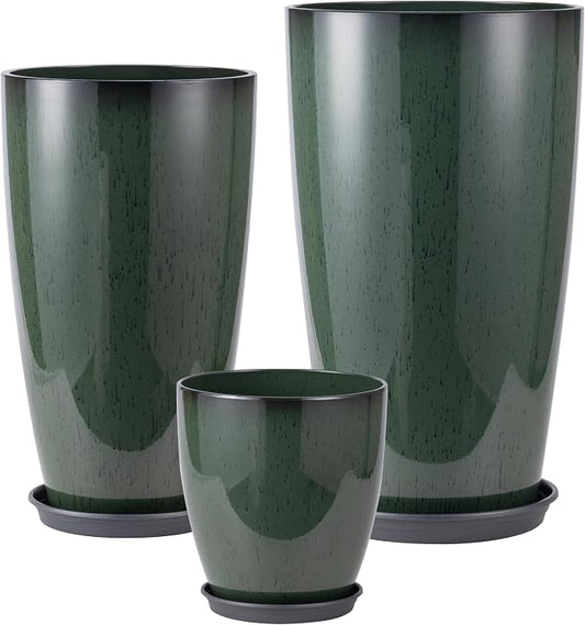 24-21-11 Inch Tall Planters Set of 3, Indoor Outdoor Green Glossy Round Planter with Drainage Hole and Saucer, Large Decorative Plant Pots for Home Garden Porch (Green)
