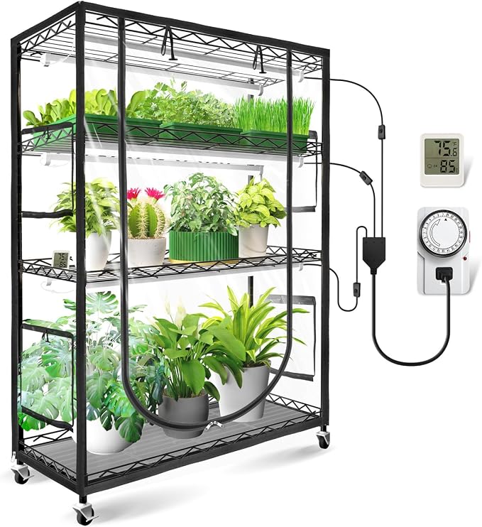JESLED Indoor Greenhouse with Grow Light, 35.4x13.8x59IN | 3FT Full Spectrum 5000K LED, Seed Starting, Tiered Lighting Control, Built-in Timer & Thermo-Hygrometer