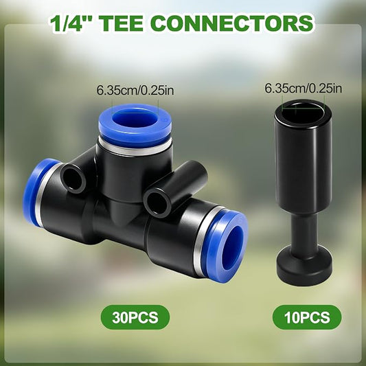 30 Pack 1/4" Drip Irrigation Tee Connectors with 10 End Caps, Quick Connect | Drip Irrigation Tee Connectors, End Caps, Easy Tubing Split and Sealing, Garden Irrigation, Drip Irrigation Parts, Leak-free