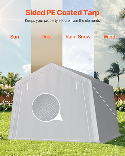 VEVOR Outdoor Storage Shed, 10 x 10 ft Portable Storage Tent with Roll-up Door & Vents, Waterproof Canopy Shed Shelter, Heavy Duty Frame, Patio Garage Carport for Motorcycle, Lawn Mower, Bike, Grey
