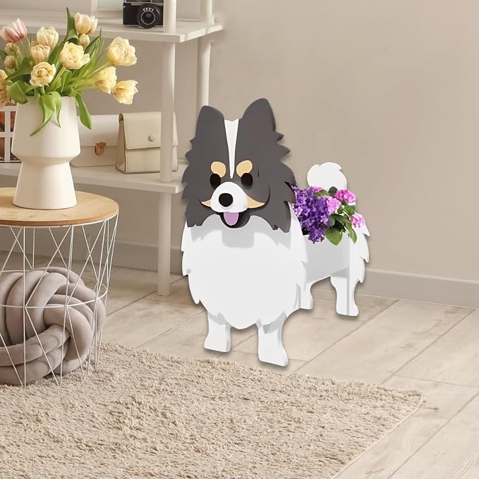 Grey and White Pomeranian Dog Planter Pots, 9.45 x 6.65 x 12.13 in | Dog Flower Pot, Cute Animal Shaped Plant Pot, Gifts for Women & Pet Lovers, Indoor Outdoor Garden Home Office Decor