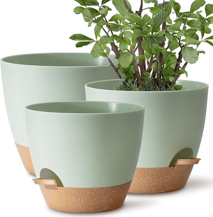 TYMENSH Plant Pots 12/10/9 Inch Set of 3, Self Watering Planters with Drainage Holes and Water Reservoir, Heavy Duty Plastic Flower Pots for Indoor Outdoor Plants, Green