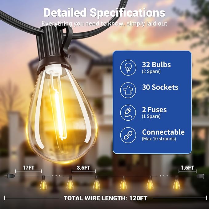 120FT Outdoor String Lights, Waterproof Patio Lights with 30+2 Shatterproof LED Bulbs, Hanging Decor for Backyard Garden Porch Bistro,2700K Warm White