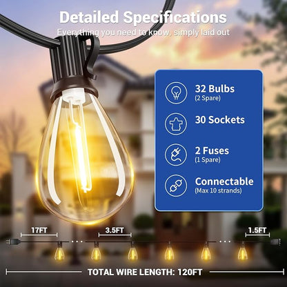 120FT Outdoor String Lights, Waterproof Patio Lights with 30+2 Shatterproof LED Bulbs, Hanging Decor for Backyard Garden Porch Bistro,2700K Warm White