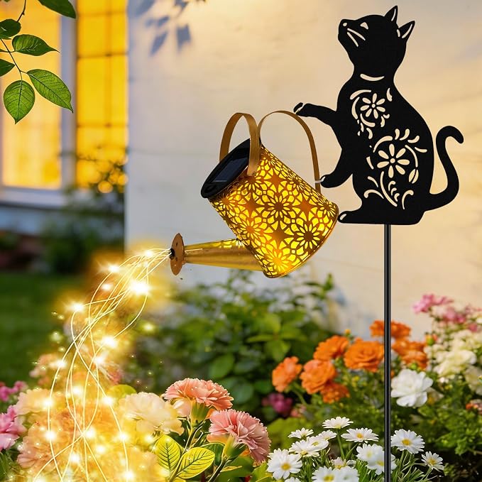 VOOKRY Solar Lights Outdoor,Watering Can with Cat Silhouette Stake | Garden Gifts for Mom,Women&Garden Lovers Waterproof Metal Garden Water kettle,Decorative Yard Patio Lawn Pathway Decor(1Pack)