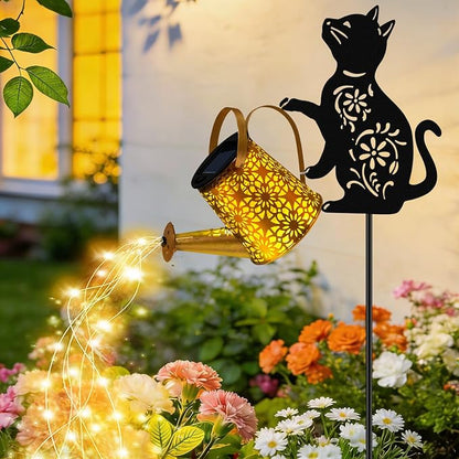 VOOKRY Solar Lights Outdoor,Watering Can with Cat Silhouette Stake | Garden Gifts for Mom,Women&Garden Lovers Waterproof Metal Garden Water kettle,Decorative Yard Patio Lawn Pathway Decor(1Pack)
