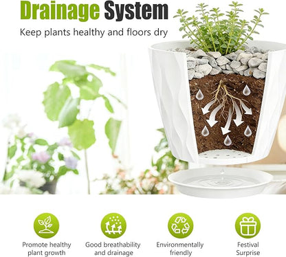 8 Inch Plastic Plant Pots,Set of 5 Flower Pots,Planters with Drainage Holes & Saucers, Indoor Outdoor Garden Pots for Home Decor(White)