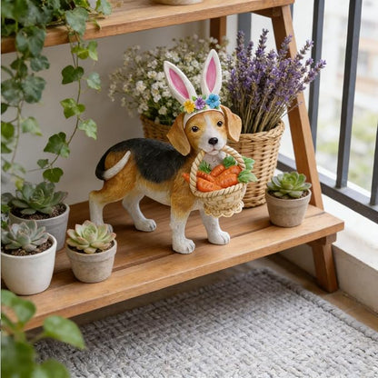 Cynkeyee Dog Garden Statue Decoration - Cute Puppy Beagle with Bunny Ears | Carrot Basket Doggy Figurines, Tabletop Self Floor Indoor Garden Decor, 11.5x4x10.5 inch