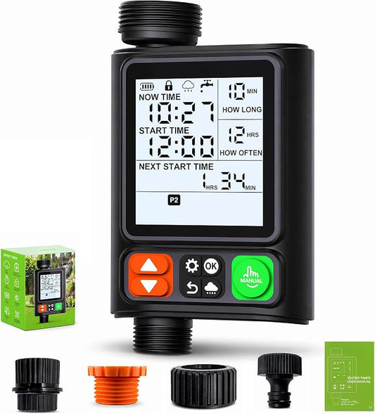 Sprinkler Timer for Garden Hose,3.3" LCD Display,10 Independent Watering Programs,Automatic Rain Delay,Outdoor Faucet Water Timer with Manual Mode,IP54 Waterproof for Lawn Yard Irrigation