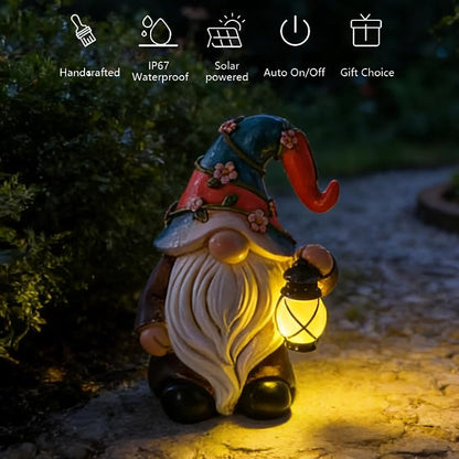 Suyorpe Garden Gnomes Statues with Solar LED Light - Mini 4.9 inch Gnome Sculptures for Porch Balcony Patio Yard Lawn Balcony Home Decor Mother's Day Birthday Gifts for Women