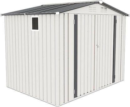 8X6 FT Storage Shed, Metal Outdoor Garden Tool Shed with Pitched Roof Waterproof with Window and 2 Lockable Door,Vents,for Garden Tool Storage, Sundries and Bike Storage,White+Gray