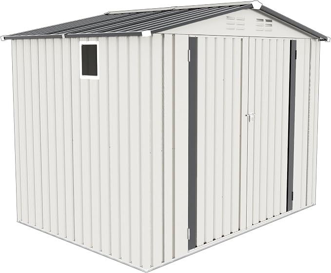 YOPTO Sheds & Outdoor Storage 6X8 FT,Metal Waterproof Tool Sheds with Side Window and Lockable Door,Backyard Buildings House W/Pitched Roof & Vents,for Garden,Lawn,Garbage Enclosure,White+Gray