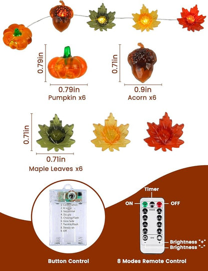 2 Pack 60LED Fall Decoration 3D Pumpkin Acorn Maple Leaf String Lights Battery Operated, 20FT Fall Lights with Remote, Waterproof 8 Modes Fairy Lights for Autumn Harvest Thanksgiving Halloween Decor