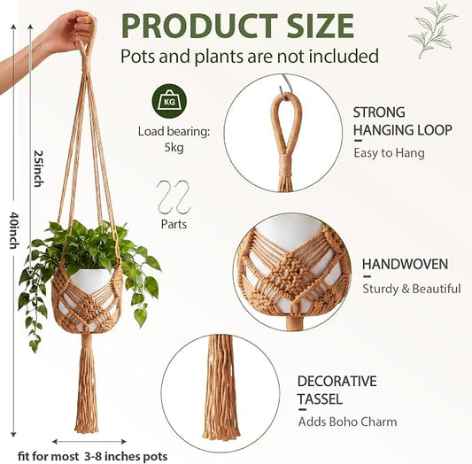 Shappy 2 Pack Boho Macrame Plant Hanger, Large Hanging Planter Plant Holder Pot Hanger Hanging Basket Wall Planters, Plants Lover Gift for Indoor Garden (Diamond Knot Macrame,Jute Color)