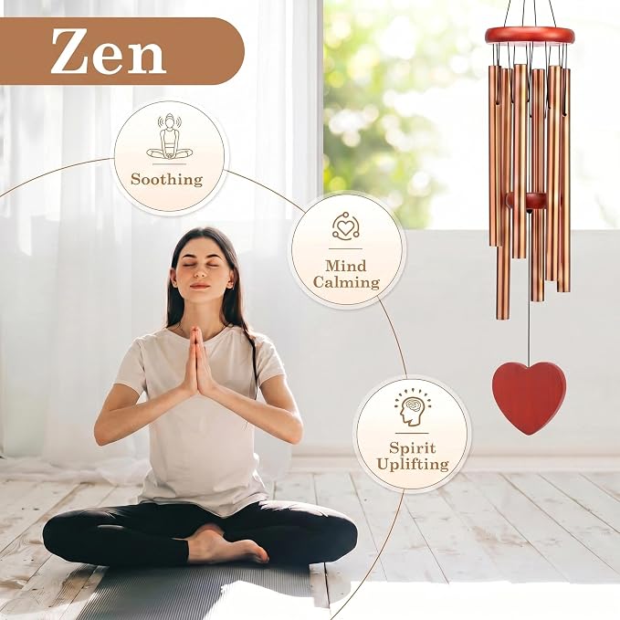Classic Gold Wind Chimes for Outside Soothing Melodic Wind Chime 26" to Create a Zen Atmosphere. Sympathy/Memorial Gift, Indoor Outdoor Garden Patio Decoration. Heart Shape Design