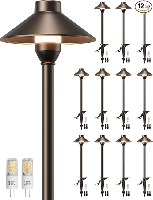 PARTPHONER Low Voltage Landscape Lighting 12-Pack, Aluminum 12V Pathway Lights with G4 Bulbs, Waterproof Oil Rubbed Bronze Color Wired Path Lights with Connectors for Walkway Yard Garden