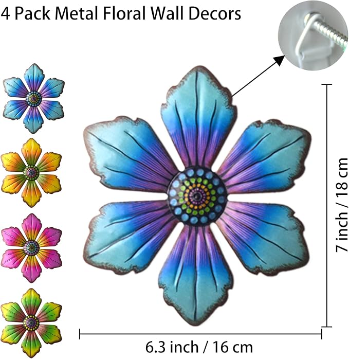 Gooyule Metal Flower Wall Art - Colorful Floral Decor for Indoor Outdoor Hanging - Home Office Garden Yard Wall Decoration Set (Metal Flower Decor B)