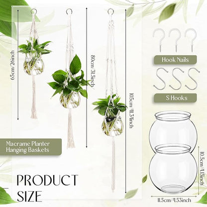 Colingmill 12 Pcs Plastic Plant Propagation with Boho Macrame Hanger Wall Plant Propagation Station Hanging Holder Include Hooks Kit for Indoor Home Garden Office Decor 3 Size (White)