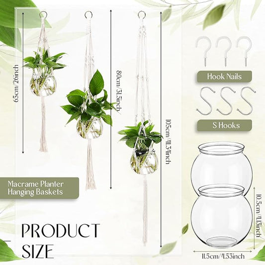 Colingmill 12 Pcs Plastic Plant Propagation with Boho Macrame Hanger Wall Plant Propagation Station Hanging Holder Include Hooks Kit for Indoor Home Garden Office Decor 3 Size (White)
