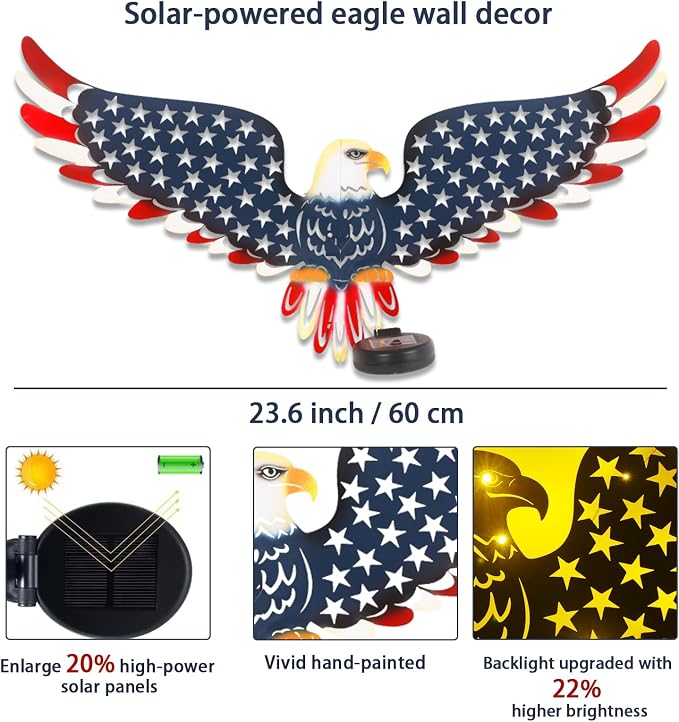 23" American Eagle Metal Wall Art with Solar Lights Outdoor - 4th of July Decorations Outdoor | Led-lit Patriotic Sculpture with American Flag | Solar Powered Independence Day Decor for Yard & Porch