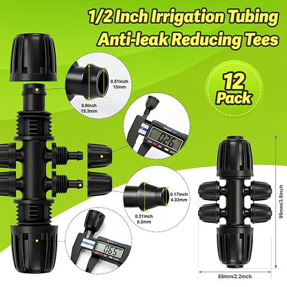 12 Pcs 1/2 Inch to 1/4 Inch Irrigation Tubing Fittings, 1/2"(1/2" ID x 0.65" OD) to 1/4" Drip Barbed Tee Adapter 16mm Anti-Drop Locked Nut T Reducer to 1/4" Distribution Line Connector