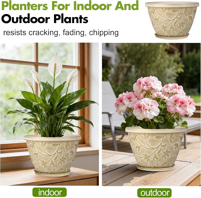 Nooulap 4 Pack 10 Inch Plant Pot with Drainage & Saucer, Plastic Flower Pots Outdoor Indoor, Beige Planters with Gold Flower Partten, for Patio, Garden Home Decor