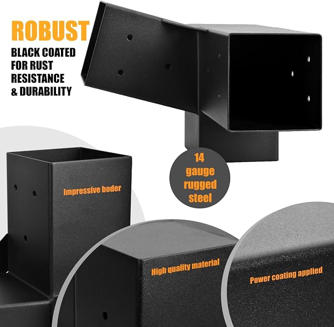Pergola Kit, 15° 3-Way Slanted Roof Pergola Bracket Set, Roof Wall Mount Extension Bracket 4" x 4" (Actual 3.5" X 3.5") - Set 6