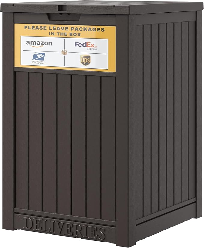 Outdoor Package Delivery Box with Lockable Secure and Sign, Resin Waterproof Outdoor Package Drop Container for Backyard, Garden, Patio & Lawn, Brown with Sign