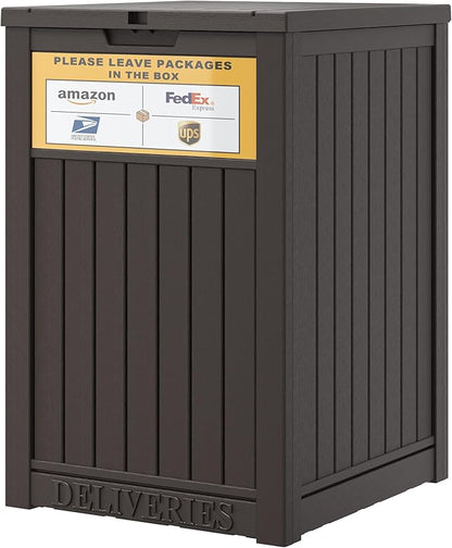 Outdoor Package Delivery Box with Lockable Secure and Sign, Resin Waterproof Outdoor Package Drop Container for Backyard, Garden, Patio & Lawn, Brown with Sign