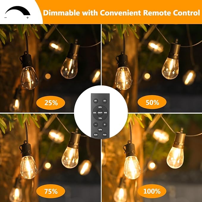 LED Outdoor String Lights, 50FT Waterproof Patio Light with Remote & 16 Dimmable Shatterproof S14 Edison Bulbs(1 Spare), Connectable Outside Backyard Hanging Lights for Balcony, Gazebo, Porch, Party