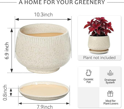 10.3 Inch Ceramic Planter with Saucer,Modern Garden Pots with Drainage Hole Mesh Net, for Indoor Outdoor Use (Silk White)