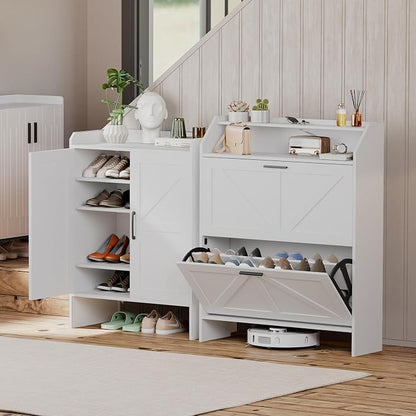 Mericonia Farmhouse Shoe Cabinet with 2 Flip Drawers, Shoes Storage Cabinet, Freestanding Shoe Rack Organizer for Entryway, White