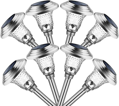 GIGALUMI 8 Pack Solar Pathway Lights, Solar Garden Lights Outdoor Warm White, Waterproof Led Path Lights for Yard, Patio, Landscape, Walkway (Stainless Steel)