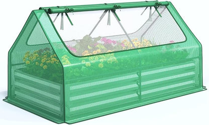 Quictent 6x3x1ft Galvanized Raised Garden Bed with Cover Metal Planter Bottomless Box w/ 2 Large Screen Windows Mini Greenhouse 20pcs T-Tags 1 Pair Gloves Outdoor Growing Vegetables (Green)