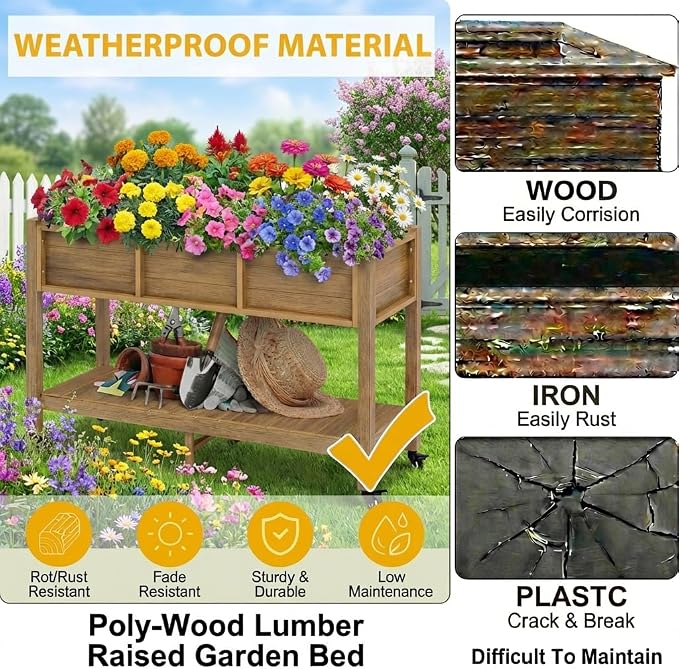 DWVO 47x18x31in Raised Garden Bed Outdoor HDPE with Legs and Lockable Wheels, Weather-Resistant Poly-Wood Elevated Planter Box, Herb Garden Bed for Backyard Patio Balcony, Brown