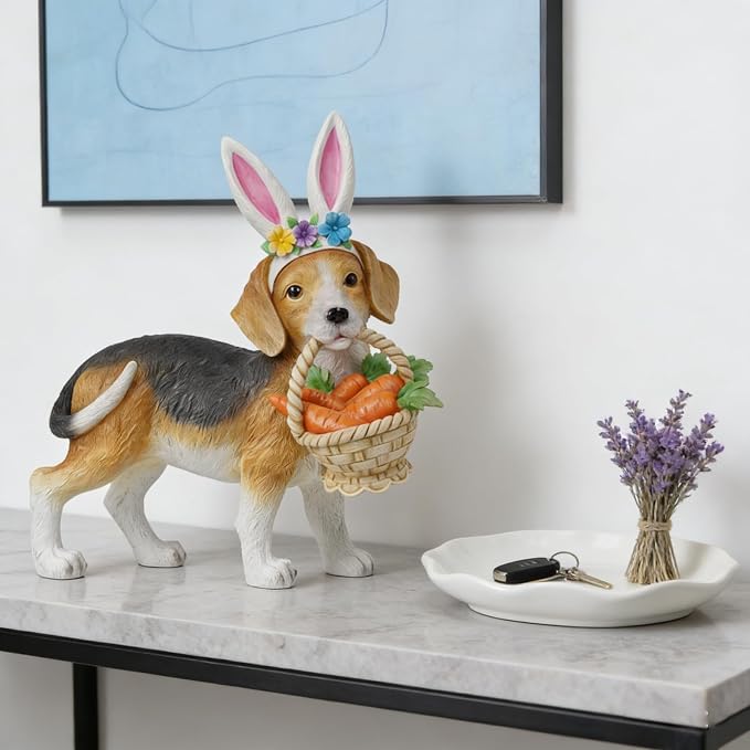 Cynkeyee Dog Garden Statue Decoration - Cute Puppy Beagle with Bunny Ears | Carrot Basket Doggy Figurines, Tabletop Self Floor Indoor Garden Decor, 11.5x4x10.5 inch