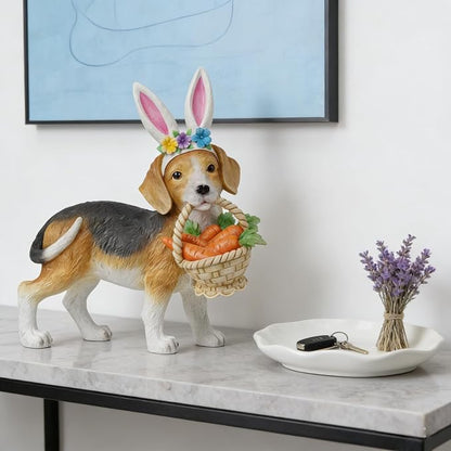 Cynkeyee Dog Garden Statue Decoration - Cute Puppy Beagle with Bunny Ears | Carrot Basket Doggy Figurines, Tabletop Self Floor Indoor Garden Decor, 11.5x4x10.5 inch
