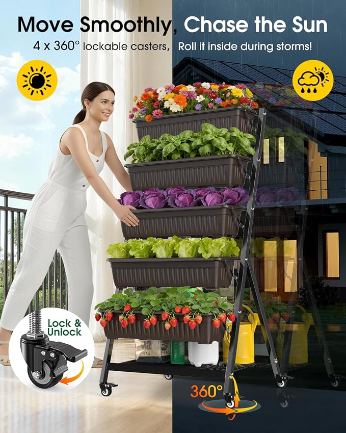 5-Tier Vertical Garden Bed Planter Boxes with Wheels, Drainage System & Storage Space, Mobile Vertical Garden Planter with 5 S-Hooks for Plants Vegetables Flowers Herbs in Garden Patio Yard